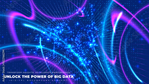 Futuristic background with blue and line pink glowing decoration with neon code number elements. Digital network technology and data flow design. Abstract hi tech cyber scene.