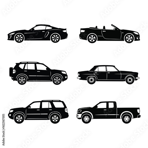 Art of collection of diverse car silhouettes including sports cars, sedans, suvs, and pickup trucks, isolated on a white background