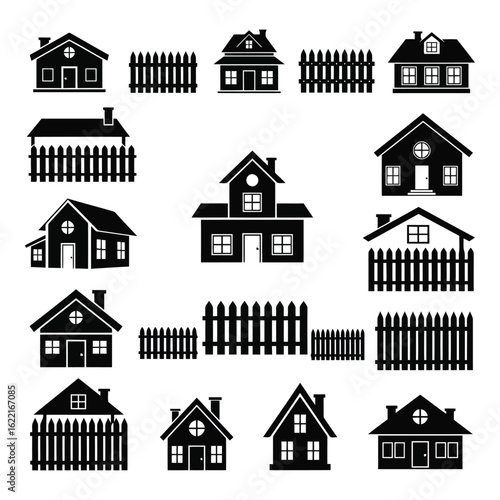 Art of collection of diverse house and fence silhouettes, isolated on white background, representing various architectural styles and residential properties