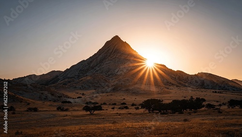 Dramatic mountain peak at sunrise  sunburst through the summit