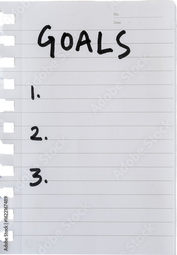 Blank notebook page with the word goals handwritten in bold black marker on white background, perfect for setting personal objectives and planning future projects or aspirations