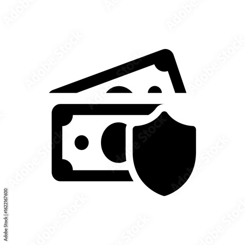 A black and white icon depicting money protected by a shield representing financial security concept design