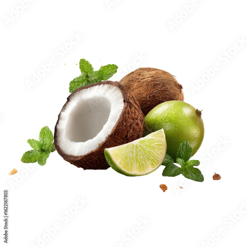 Fresh coconuts and lime with mint