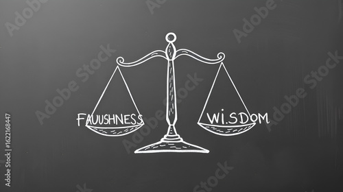 Chalk drawing of scales with words foolishness and wisdom. Concept of balance