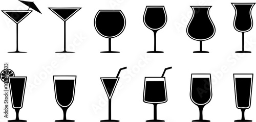 Summer Cocktail Drink Silhouettes Editable Vector Bundle, Hand drawn Cocktail Assortment vector silhouettes, Cocktail Glass Vector Silhouettes 