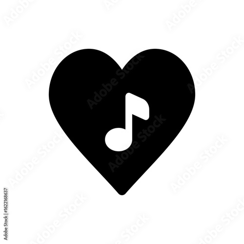 Black heart shape with a white music note inside expressing love for music and musical passion icon