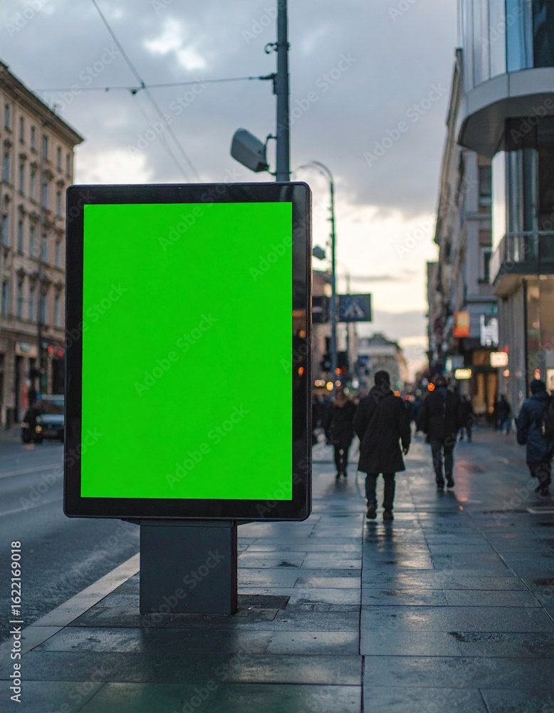Fototapeta premium Green Screen Billboard on Urban Street at Dusk,Blank Advertisement Mockup on City Sidewalk with Pedestrians