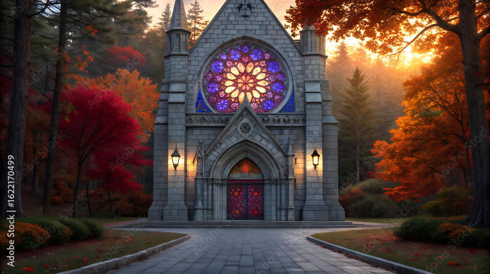 Obraz premium Gothic chapel with stained glass window in autumn forest at sunset
