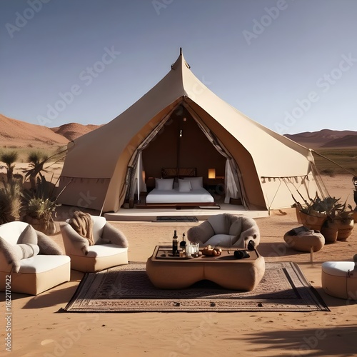 Luxurious desert glamping experience in a safari-style tent setup