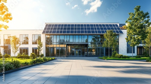 Modern school building featuring solar panels on the rooftop, showcasing clean energy in a photorealistic sunny environment.