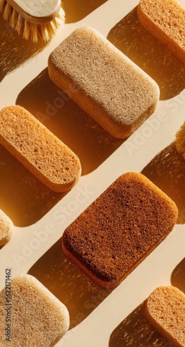 Cleaning supplies, sponges, brushes,  in beige/tan