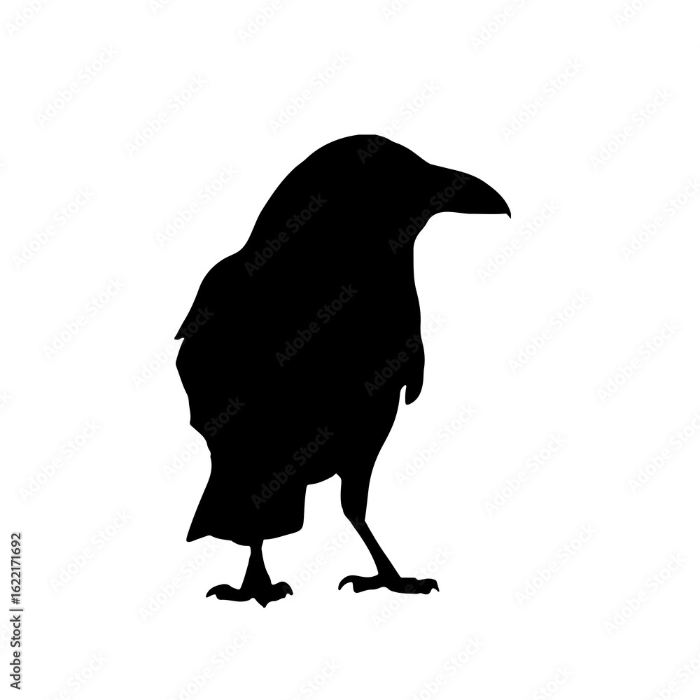 Obraz premium Minimalist silhouette of a crow facing away, ideal for graphic design, storybooks, branding, nature projects, tattoo stencils, Halloween designs, and mystery-themed visual content.
