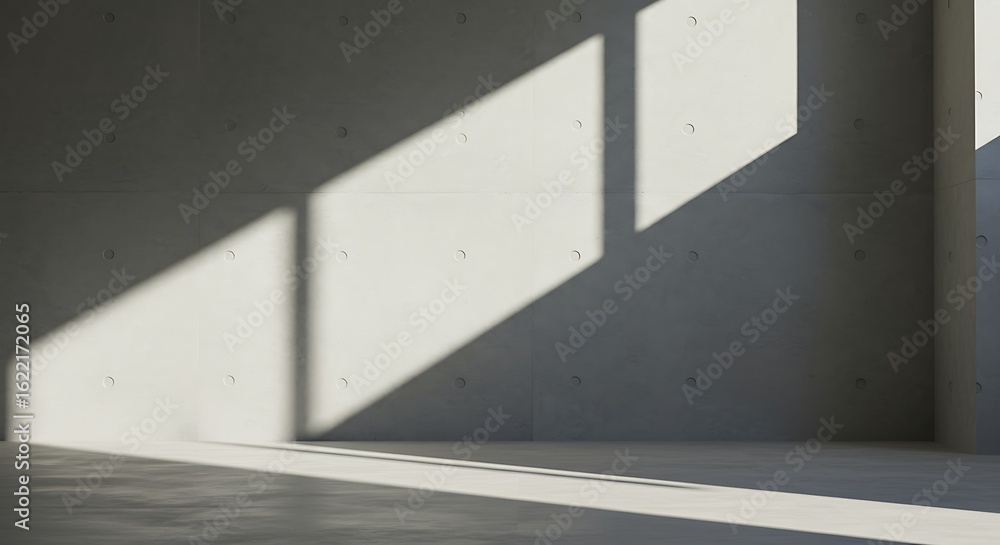 Fototapeta premium Minimalist interior with sunlight casting geometric shadows on a raw concrete wall and floor. Abstract architectural concept of light and space.