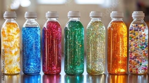 A DIY sensory bottle project where toddlers shake bottles filled with glitter, beads, and water