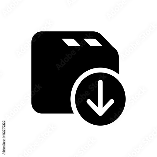 A black file icon with a downward arrow indicating a download action on a white background image design