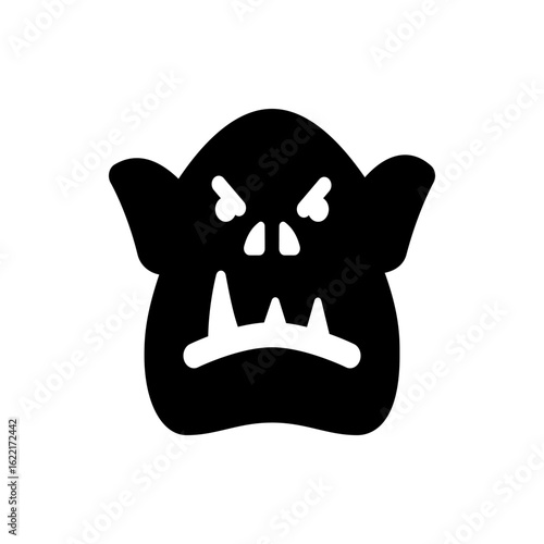 Illustration of a black orc head with angry eyes and large teeth, set against a white background plain face