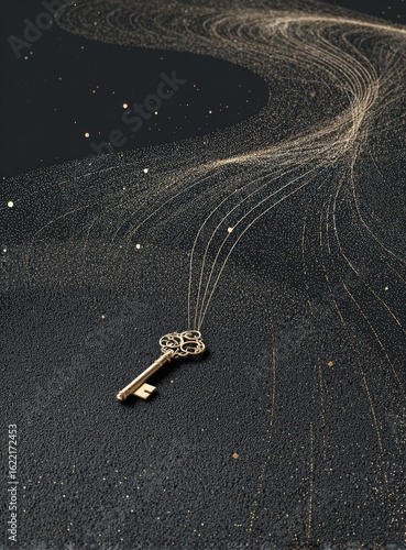 Antique key amidst swirling golden particles on dark background