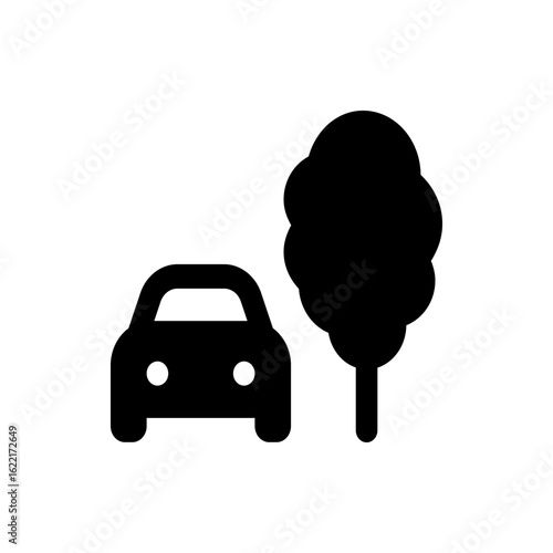 Illustration of a black car with round headlights parked next to a tree with a full rounded canopy shape