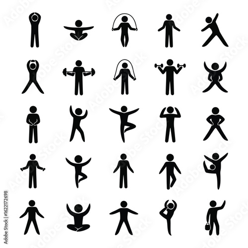Art of collection of human figures engaged in various physical activities and exercises, isolated on white background