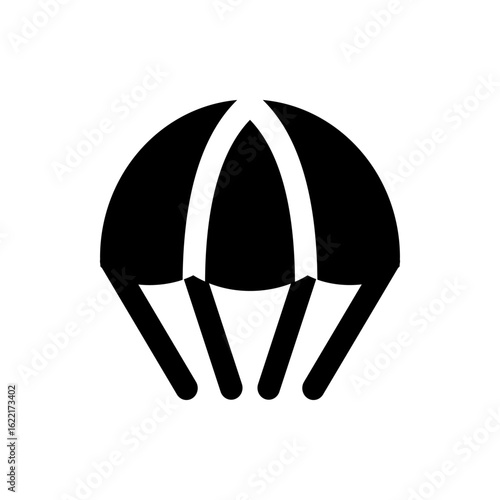 Illustration of a black parachute with visible suspension lines against a white background plain design