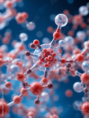 3d rendering of the chemical structure with molecules on blue background, macro view, close-up.
