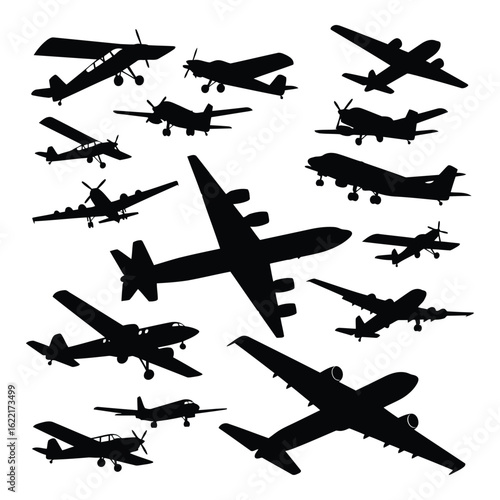 Art of collection of diverse airplane silhouettes, showcasing various aircraft designs from different eras of aviation, isolated on white