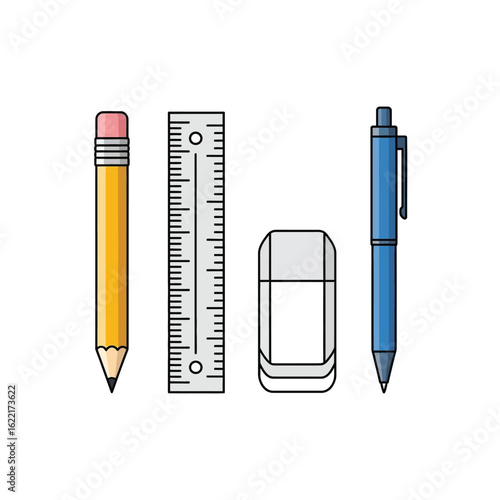 Vector illustration of a stationery set with a sharp yellow pencil, pen, eraser, and other writing and drawing tools for school or office design