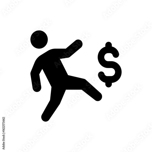 Silhouette of a person kicking a dollar sign representing financial setback or missed opportunity, isolated