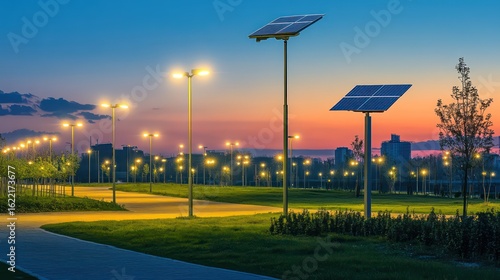 A field of solar-powered streetlights illuminating a park at dusk, demonstrating practical applications of clean energy