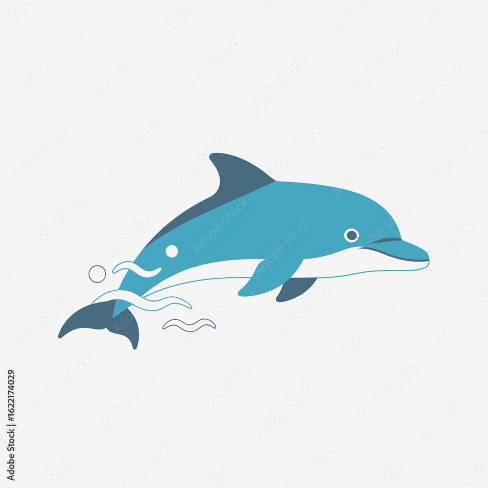 Fototapeta premium Blue dolphin illustration jumping out of water on a white background.