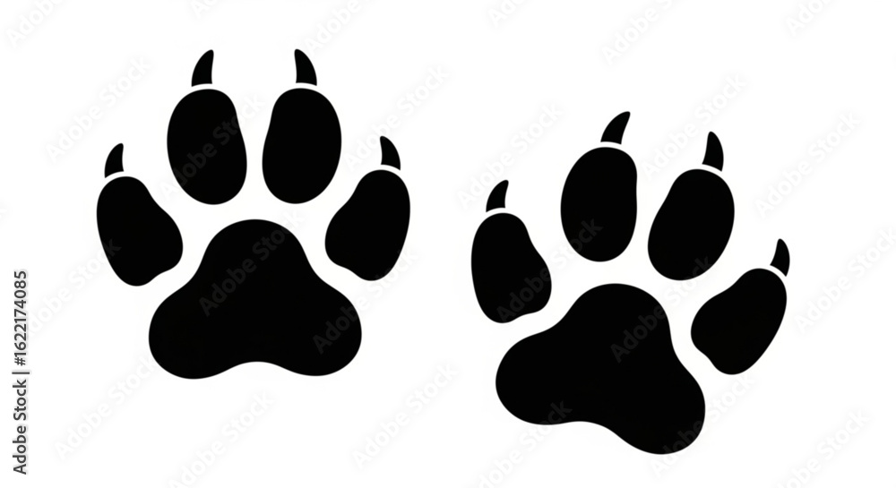 Two black paw prints isolated on white background, animal footprints vector Two black paw prints isolated on white background, animal footprints vector