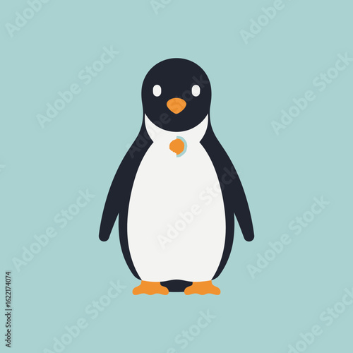 Cartoon penguin with black and white plumage on a light blue background.