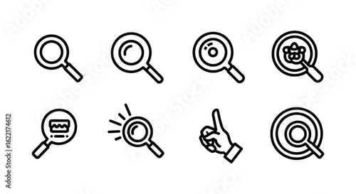 Eight Modern Magnifying Glass Icons: Search, Zoom, and Find Concepts; Line Art Style; Clean Minimalist Design.