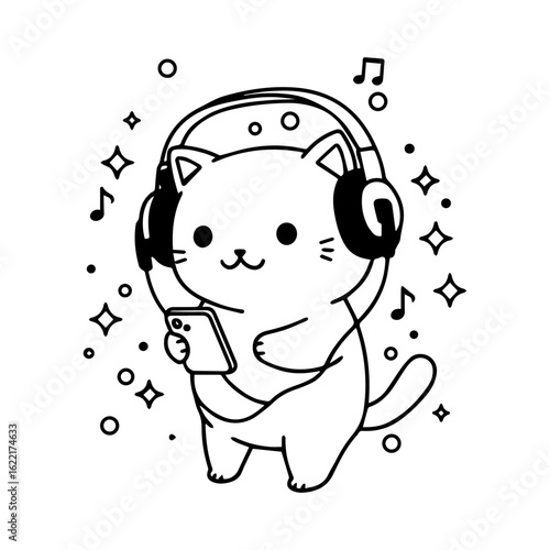 Cute cat listening to music vector with headphones and smartphone in simple black line art