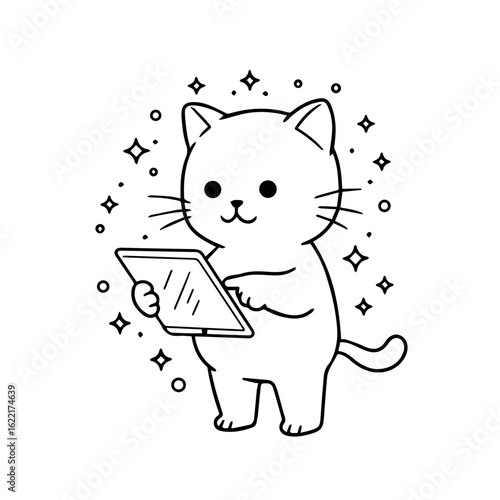 Adorable cat using tablet vector in minimalist black line art with sparkles and tech theme