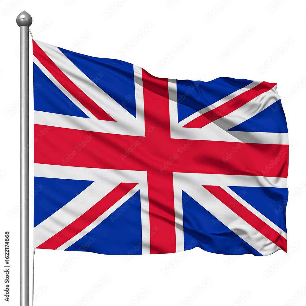 A digitally rendered Union Jack flag billowing in the wind, attached to a silver pole against a white background A digitally rendered Union Jack flag billowing in the wind, attached to a silver pole against a white background