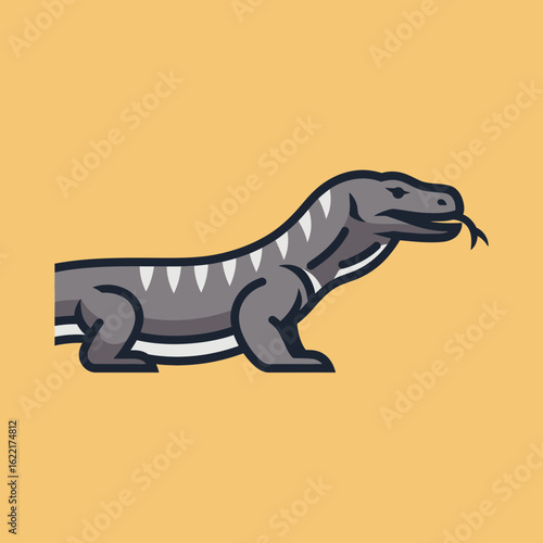 Cartoon komodo dragon with tongue out on a yellow background.