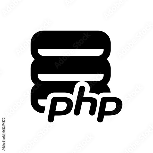 A black and white icon displaying a database symbol with the letters php overlaying the image in lowercase