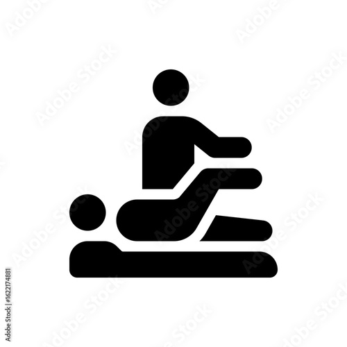 A stylized black and white icon depicting a person receiving a massage from another person on a surface