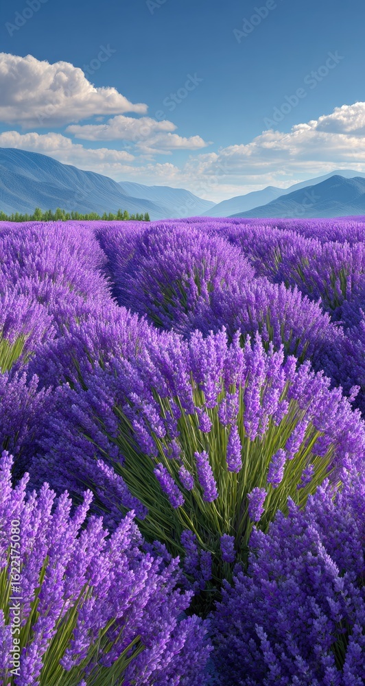 Obraz premium Lush lavender field stretches to a mountain range under a vibrant blue sky
