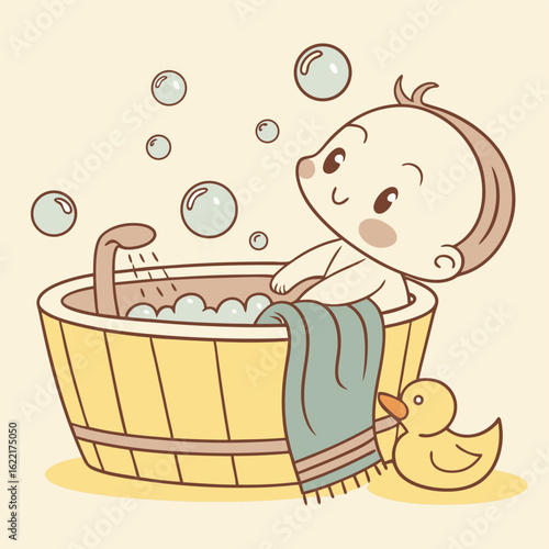 Baby's Blissful Bath Time: An adorable baby enjoys a playful bath with bubbles and a rubber ducky, representing the warmth and innocence of infancy.