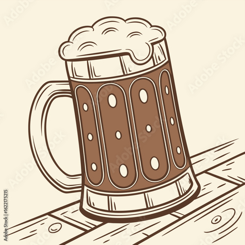 Mug of Refreshment: A delightful illustration of a full beer mug brimming with frothy foam, set on a rustic wooden surface.
