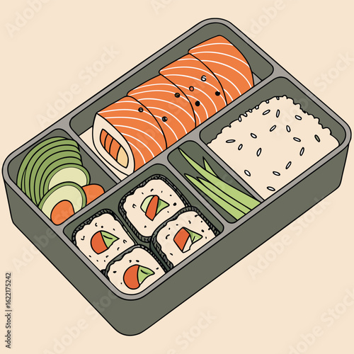 Artisan Bento Box: A curated culinary experience, showcasing beautifully arranged sushi rolls and accompaniments within a sleek bento box, enticing the viewer with the artistry of Japanese cuisine.