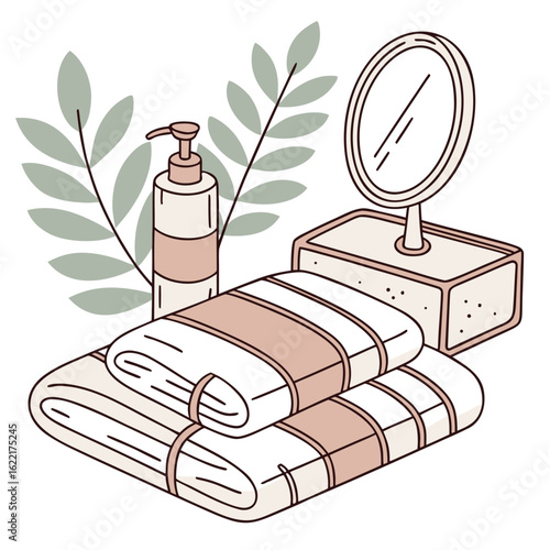 Serene Bathroom Essentials: A neatly arranged display of towels, a soap, a mirror and lotion, suggesting a spa-like ambiance, perfect for wellness and tranquility.