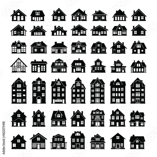 Art of collection of diverse house silhouettes isolated on white background, showcasing various architectural styles and designs