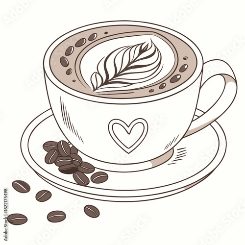 Artistic coffee and warmth: A cozy, minimalist illustration of a freshly brewed coffee cup with latte art, beans, and a saucer. The perfect visual for your morning rituals or coffee shop designs.