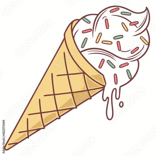 Sweet Delight: A delectable illustration of a melting ice cream cone, overflowing with creamy goodness and colorful sprinkles, a perfect image to evoke feelings of nostalgia, joy, and deliciousness.
