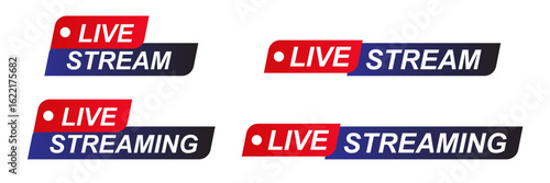 Live Stream icons Set, Rectangle Red and Blue symbols and buttons of live streaming, broadcasting online stream. Lower third template for tv, shows, movies and live performances. Vector design element