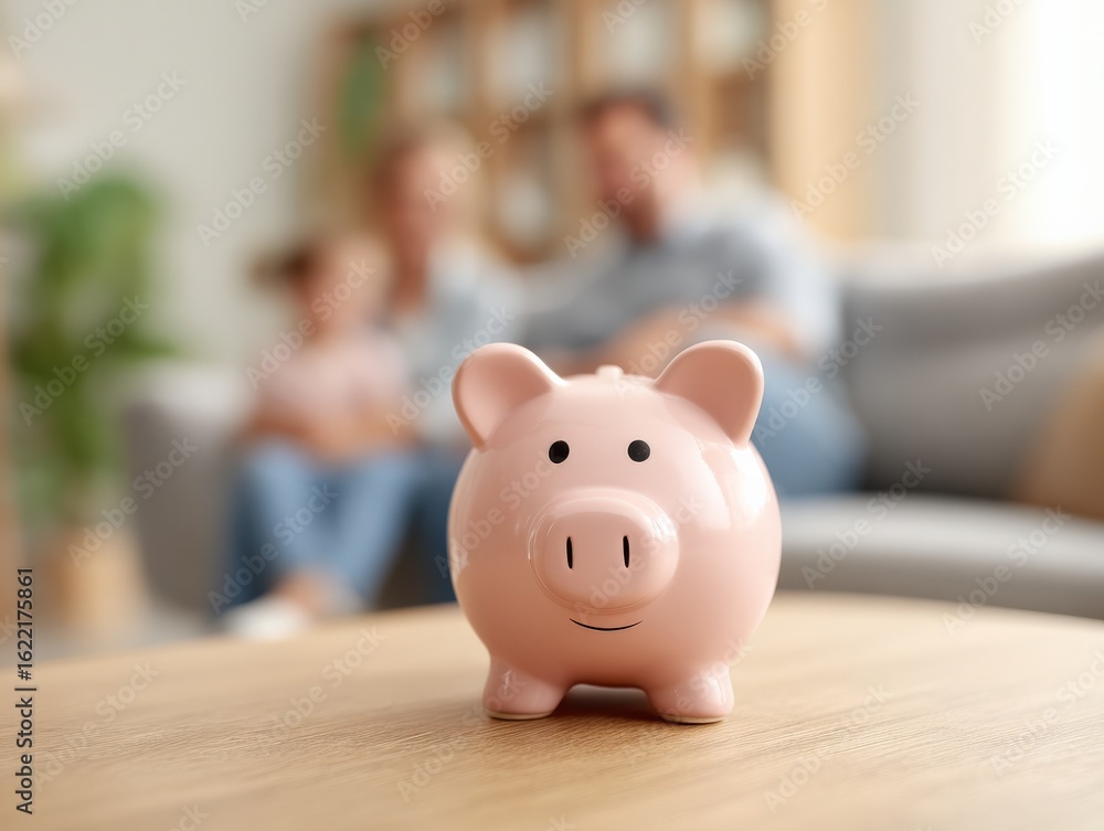 Pink piggy bank in focus on wooden table with family in soft background, symbolizing kids' financial education and saving habits at home, Selective Focus Pink piggy bank in focus on wooden table with family in soft background, symbolizing kids' financial education and saving habits at home, Selective Focus
