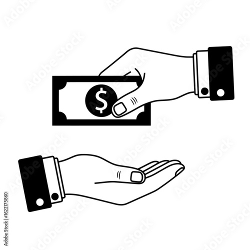 Illustration of a hand giving money to another hand with a dollar sign on the currency note